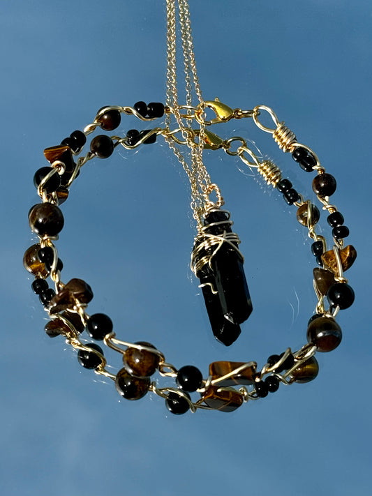 Bracelet, Tigers Eye and Agate with Black (decorative) Quartz Necklace