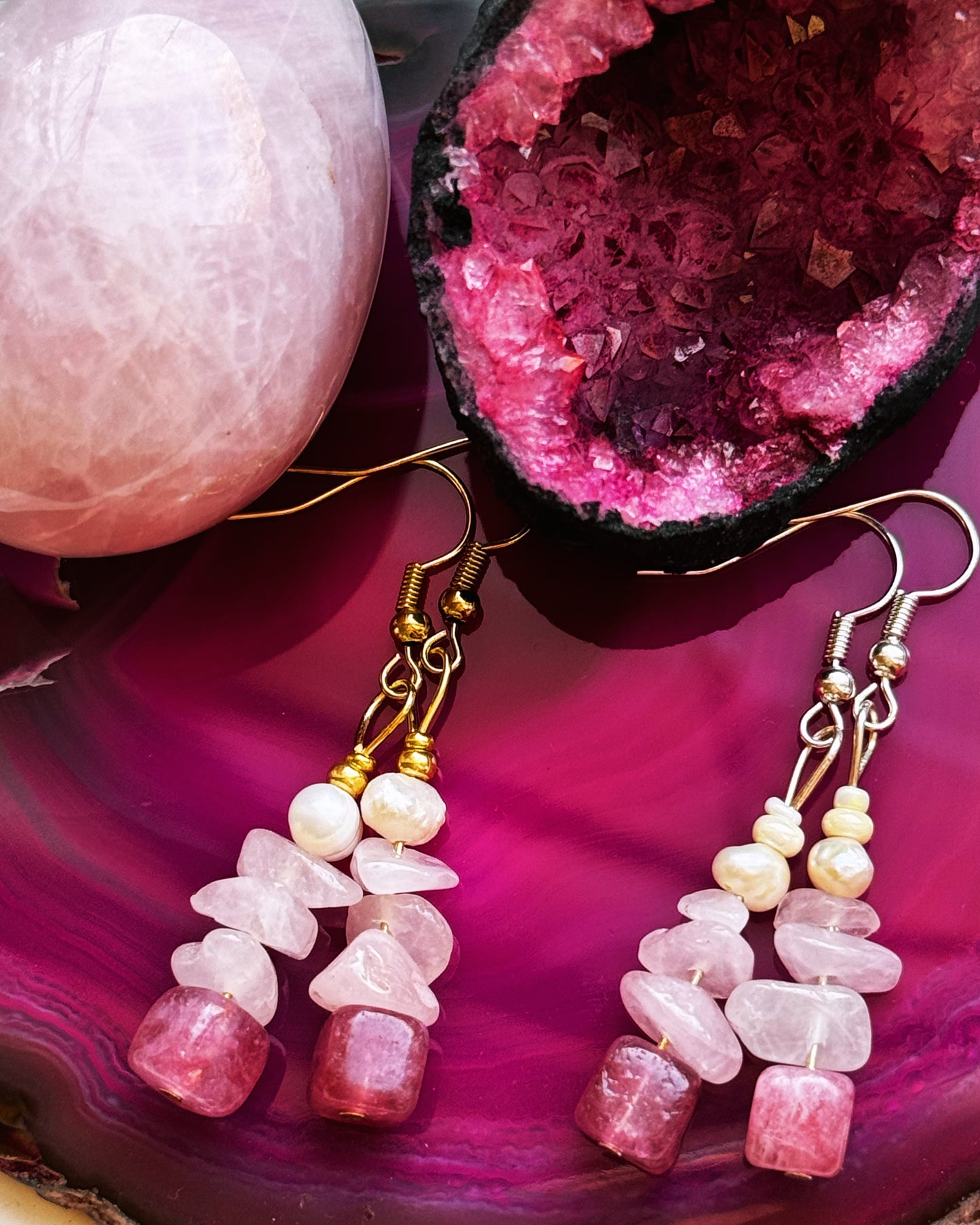Earrings, Rose Quartz and Pearls