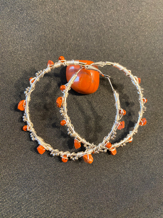 Hoop Earrings, Red Jasper Encrusted