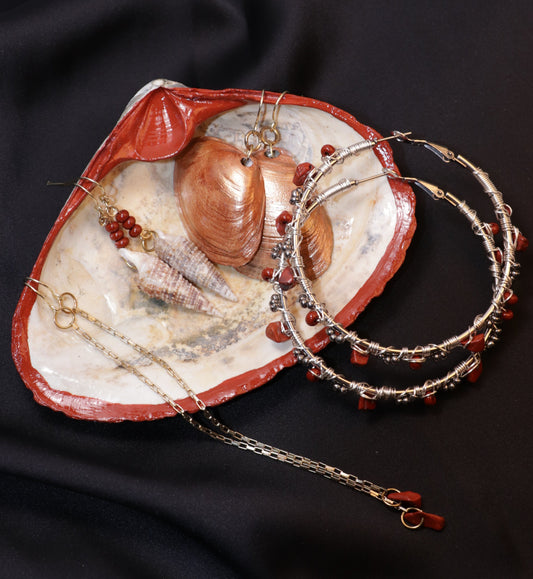 Jewelry Combo: Hand-painted Seashell dish with Red Jasper and Seashell Earring Combo