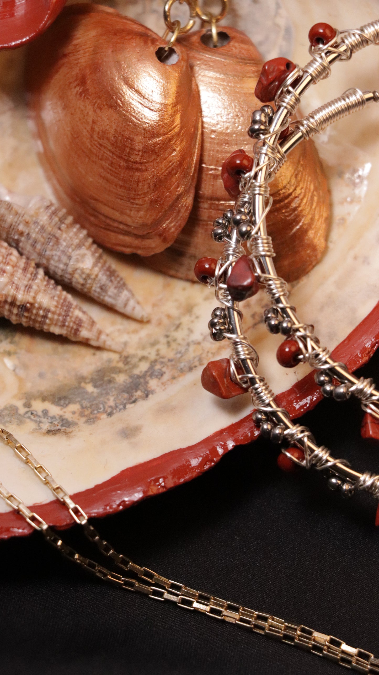 Jewelry Combo: Hand-painted Seashell dish with Red Jasper and Seashell Earring Combo