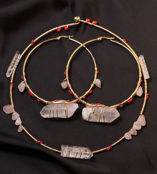 Jewelry Set: Rose Quartz and Quartz Necklace and Hoop Earrings