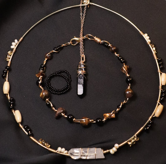 Jewelry Set: Tigers Eye and Agate Bracelet, Necklaces, and Mini Pinkie Rings