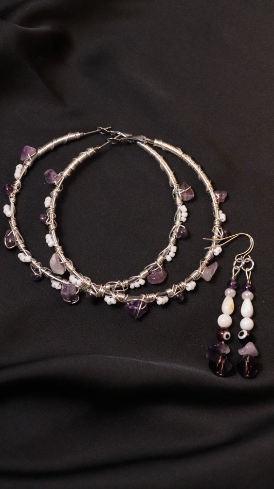 Earring Set: Amethyst Hoops and Mati Dangle Earrings