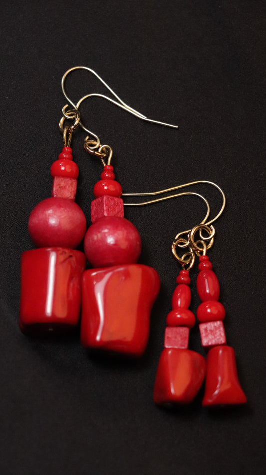 Earrings: Bamboo Coral and Wooden Bead Dangle Earrings