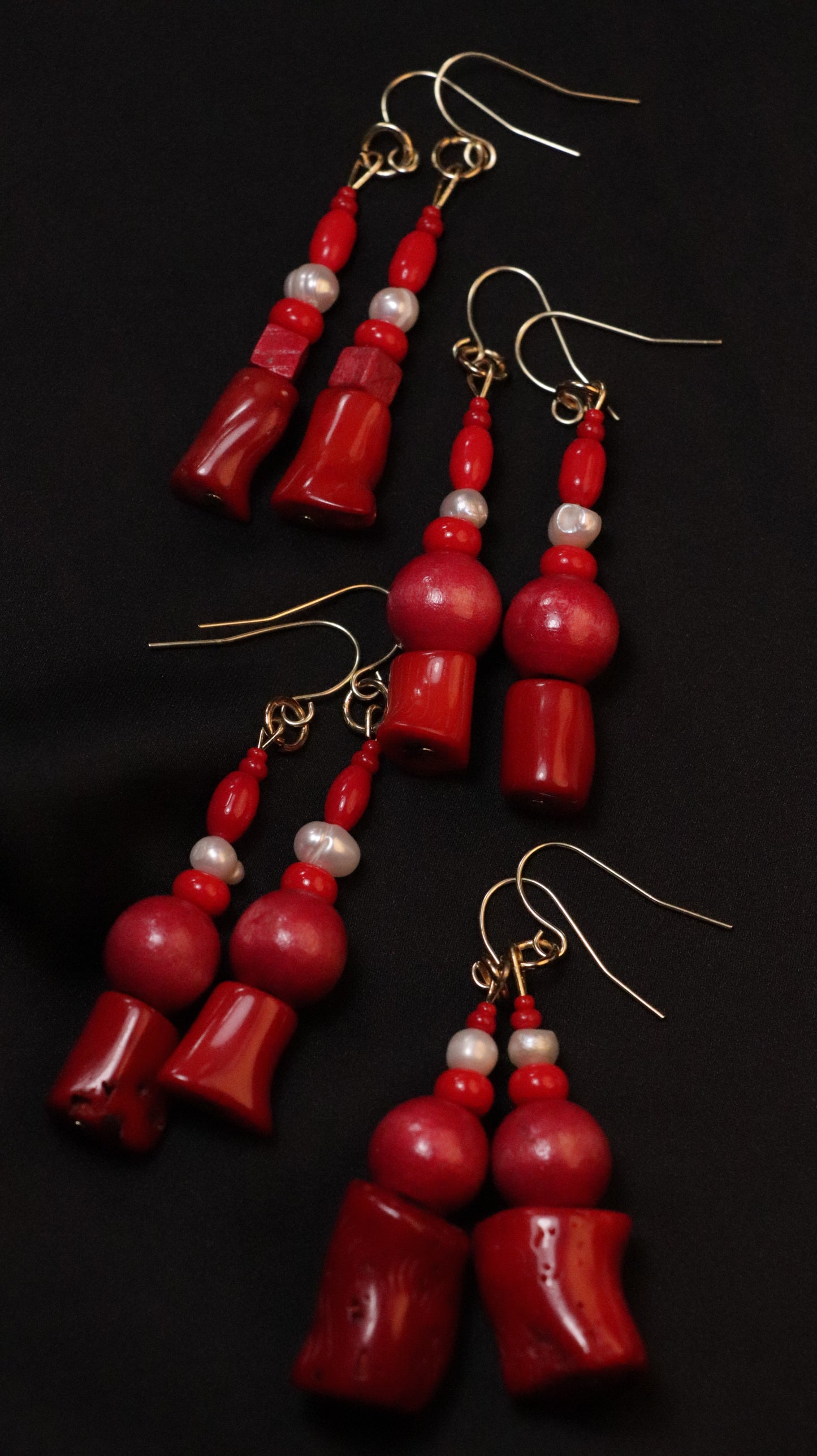 Earrings: Bamboo Coral, Pearl, and Wooden Bead Dangle Earrings