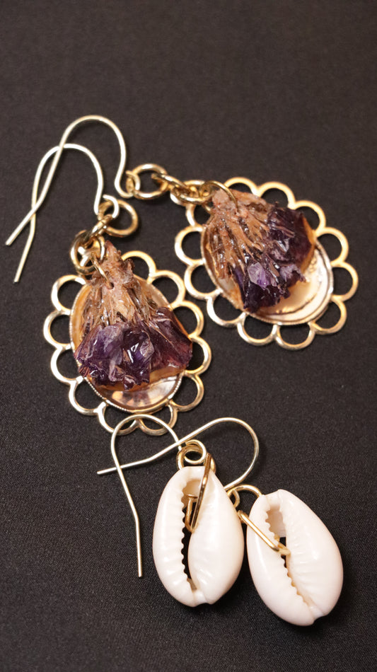 Earring Set: Flower Cluster and Cowrie Seashell Earrings