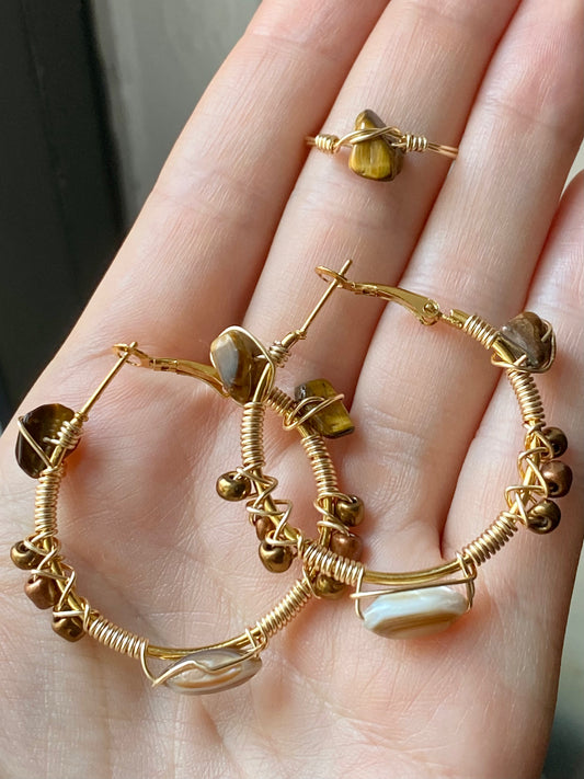 Earrings, Tigers Eye and Seashell Hoops