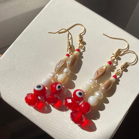 Earrings, Cultured Pearl and Seashell with Evil Eye