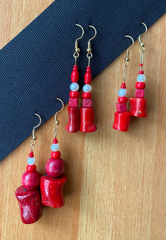 Earrings, Bamboo Coral with Cultured Pearls and Wooden Beads