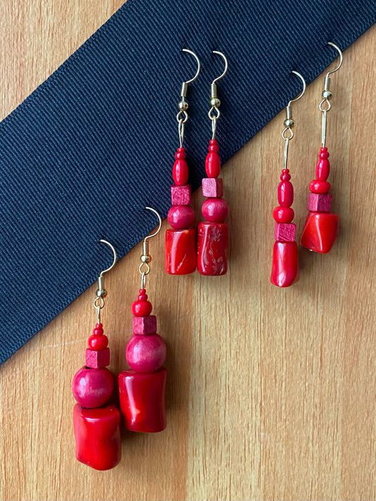 Earrings, Bamboo Coral and Wooden Beads